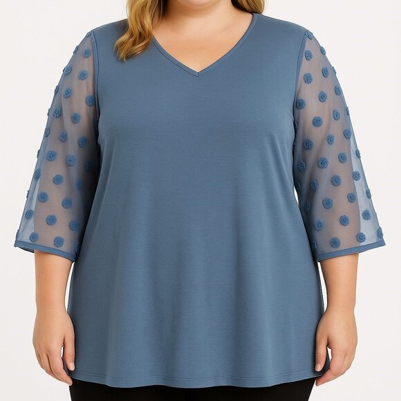 Bloomchic Stone Blue Raise Dot Mesh Patchwork Flounce Sleeve Blouse Women 26/4X - Picture 13 of 15